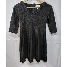 Ganni Black Pleated Knit Dress Solid 3/4 Sleeve Knee Length Women Size XSP