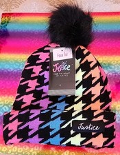 Justice Black Multicolor Checkered Pom Pom Beanie Winter Hat Youth One Size Girl