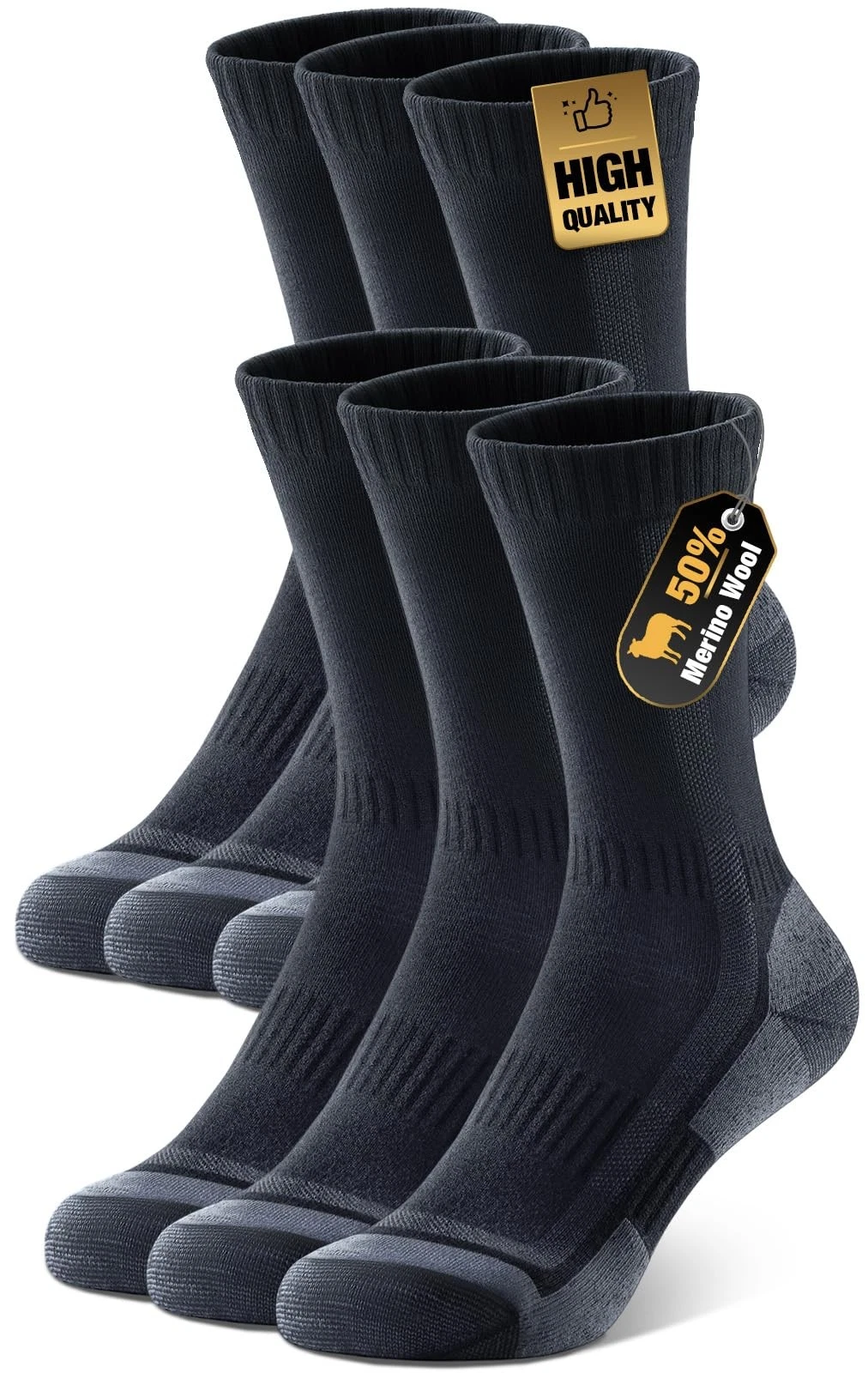 Merino Wool Hiking Socks for Men & Women, 3 Pairs Cushioned Moisture Wicking ...