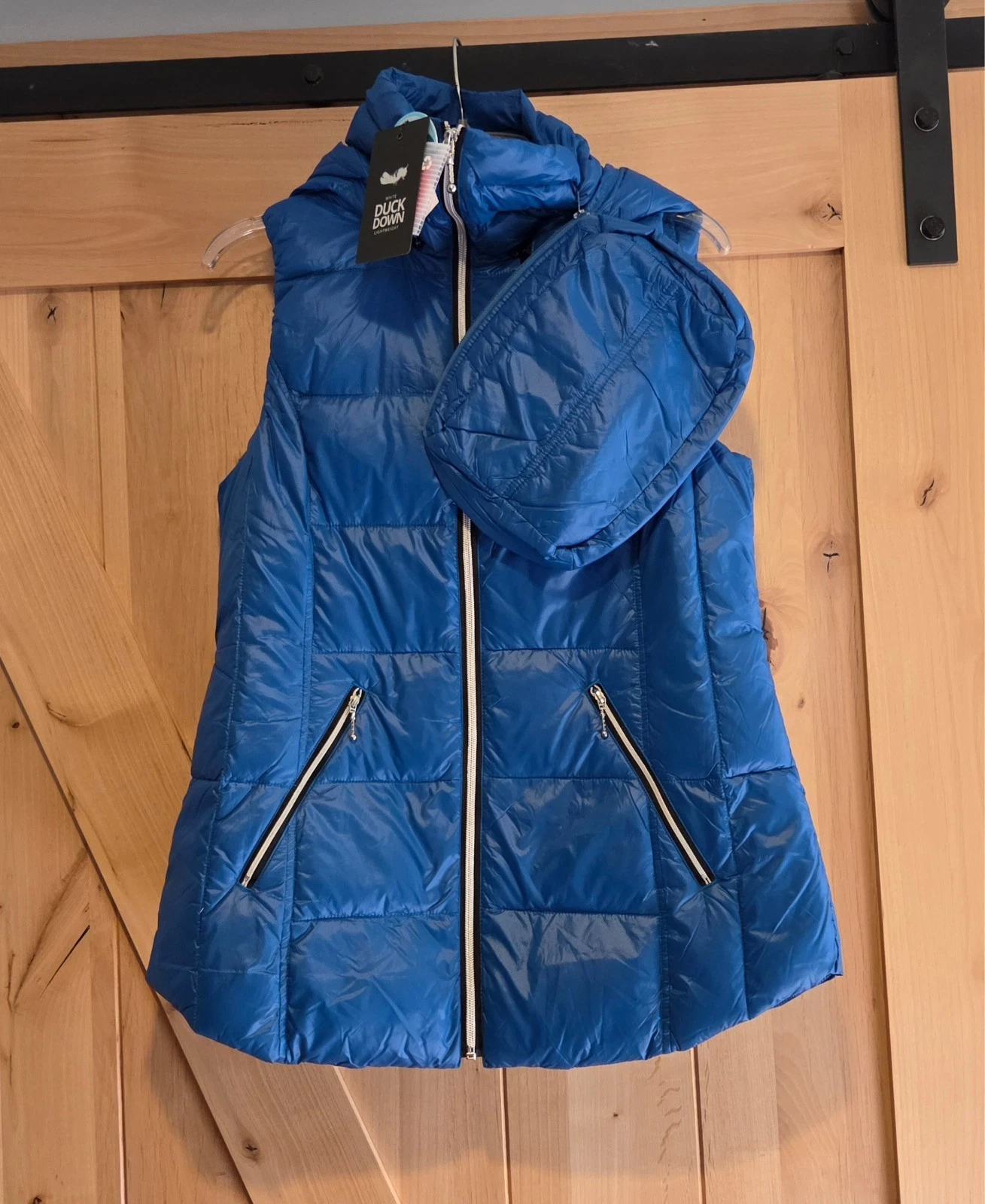 New! My Anorak Size S Blue Puffer Vest Down Removable Hood Packable Bag
