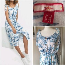 JOE BROWNS size 14 Blue & White Sleeveless Midi Summer Shirt Dress LIKENEW!