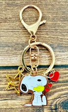 Snoopy Hugging Woodstock Gold Keychain Backpack Tag Heart Stars Purse Charms