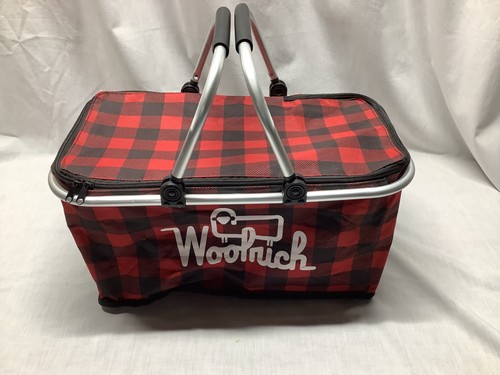 Vintage WOOLRICH Picnic Tote Carrier Red Black Buffalo Plaid Metal Handles USA