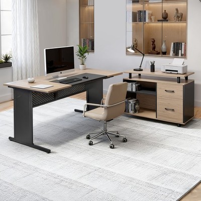 Uimoso Executive Desk L-Shaped Office Desk w/ Drawers & Storage Cabinet, 350 lbs