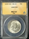 1949 P ** Franklin Silver Half Dollar ** 50c ** ANACS MS63FBL **