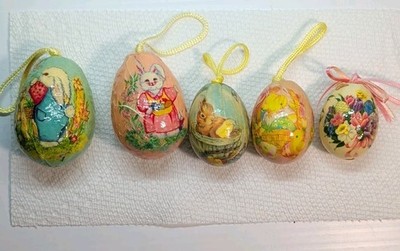 Vintage Lot of 5 Decoupage Easter Egg Ornaments on Ribbon Hangers