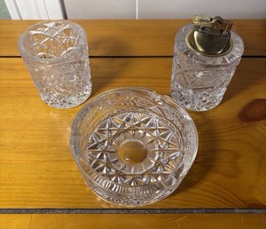 Vintage Pressed Glass 3 Piece Smoking Set Ashtray Cigarette Holder Table Lighter