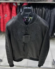 Philipp Plein Black Embroidered Men's Genuine Leather Lambskin Bomber Jacket