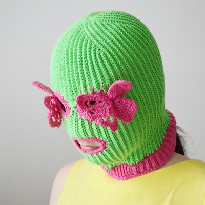 Crochet cute butterfly balaclava ski mask men women 3 hole Knitted aesthetic hat