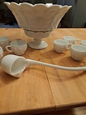 Westmoreland Paneled Grape Milk Glass Punch Bowl  Stand w/ 12 Cups  Ladle