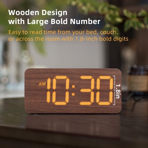 Dimmable Wooden Alarm Clock for Heavy Sleepers - Large Display Volume Control - Picture 2 of 8