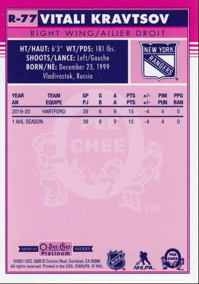2020-21 O-Pee-Chee Platinum Retro Rookies Vitali Kravtsov New York Rangers #R-77 - Image 2 of 2
