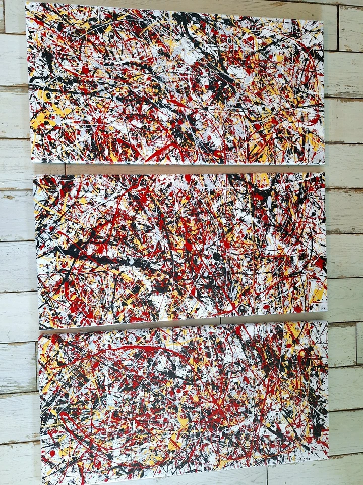 Pintura de acción abstracta original estilo Jackson Pollock conjunto de tres 12x24 Foto 4 de 4