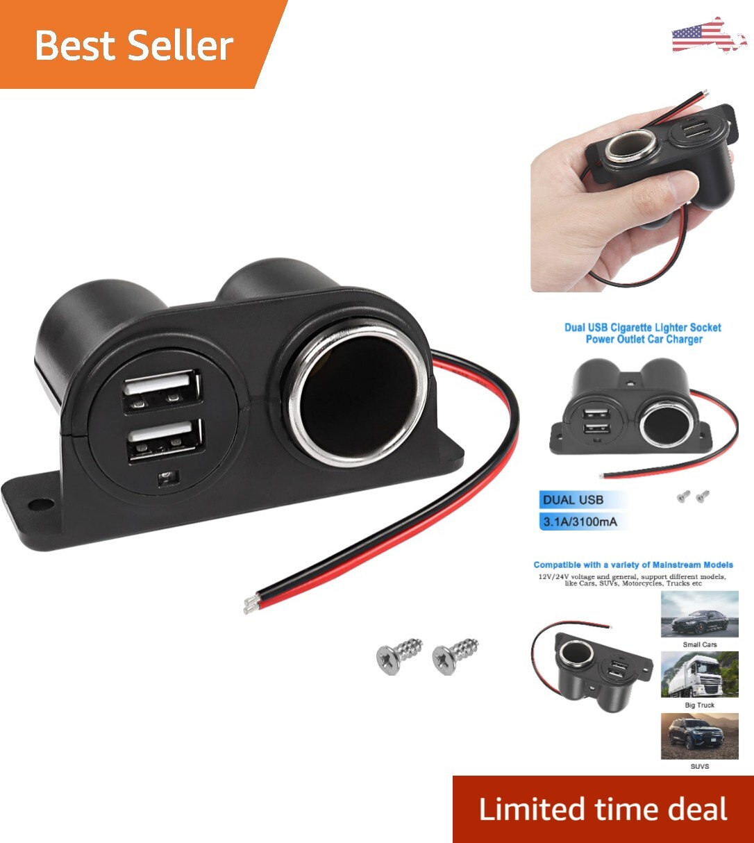 Universal Car Charger Power Outlet - 3.1A USB + Cigarette Lighter - 12/24V