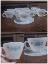 VTG 1950's Milk Glass W/ Bonnie Blue Carnation Motif Set Of 12 Tea/Coffee Cups &