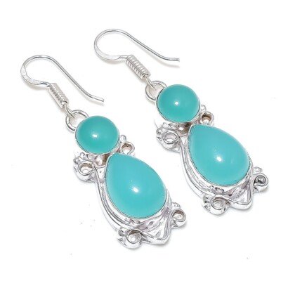 Aqua Chalcedony Gemstone Handmade 925 Starling Silver Jewelry Earring Size 2''