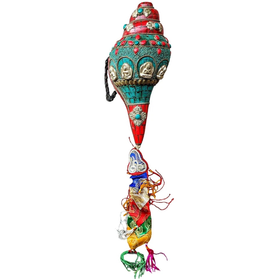 Tibetano Soplando Shankh Caracola Trompeta Cuerno Estatua Turquesa Azulejo Decoración del Hogar Foto 4 de 4