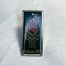 Olympic 1996 Atlanta Pin 100 Years Green Olympic Rings Lapel Red Flame