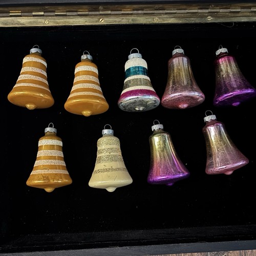SHINY BRITE Vtg Sugared Colored Mica Striped Bell Ornaments And Ombré Set Of 9