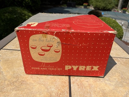 NEW IN BOX 1940s Red Pyrex 5 piece Hostess Oven & Table Set # 430 w/ Labels - Picture 2 of 11