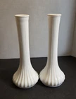Pair Vintage Hoosier Glass #4096 Milk Glass Bud Vases Scalloped Shell Base 9"