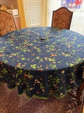 April Cornell Blue Floral Tablecloth 90 Inch Round w/ Strawberries Green Lace