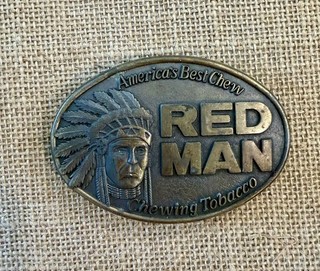 Vintage 1988 Red Man Chewing Tobacco Brass Belt Buckle Pinkerton Tobacco Co.