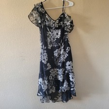 Colleen Lopez One Shoulder Ruffle Dress Midi Floral Black White Size 10 Chiffon