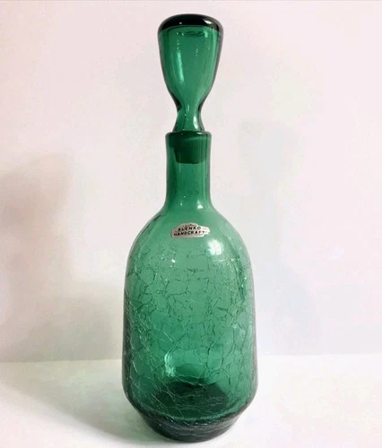 Vintage Blenko #7411 Decanter Crackle Glass In Pine W/sticker