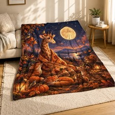 Autumn Moonlit Giraffe Coral Fleece Blanket Woodland Animal Decor