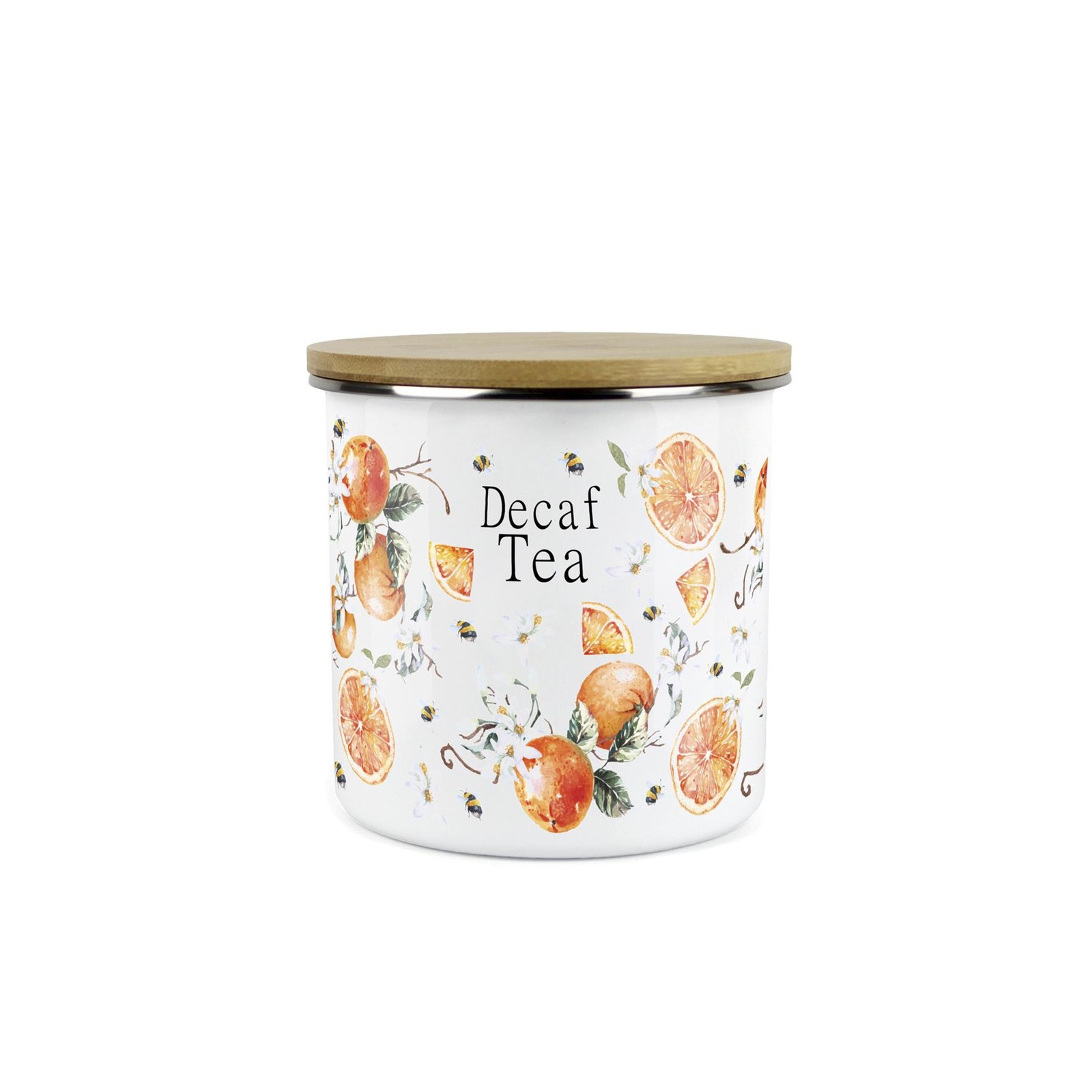 Tangerines Decaf Tea Canister - Vibrant Citrus Enamel Kitchen Storage Jar Gift