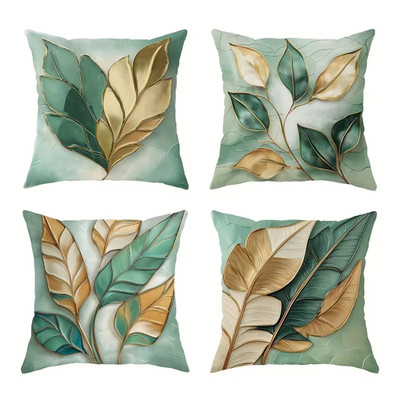 4 Kissenbezüge mit Blumen in Salbeigrün und Goldmotiven Dekokissen