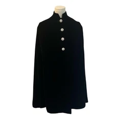 Vintage Black Velvet Cape Cloak Rhinestone Button WhimsyGoth Formal Luxury M