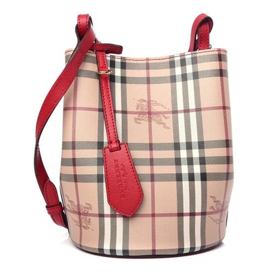 NWT BURBERRY LORNE RED HAYMAKET LEATHER NOVA CHECK CROSSBODY BUCKET BAG ITALY
