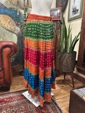 Boho Gypsy Tiered Maxi Skirt   Multicolor Bandhani Print   Beaded Sequin