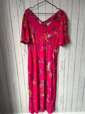 Love & Roses Pink Floral Flutter Sleeve V Neck Tie Back Split Midi Dress UK 12