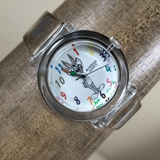 Vtg Armitron Women Bug Bunny Clear Plastic Band Quartz 30mm Watch 6 1/2"