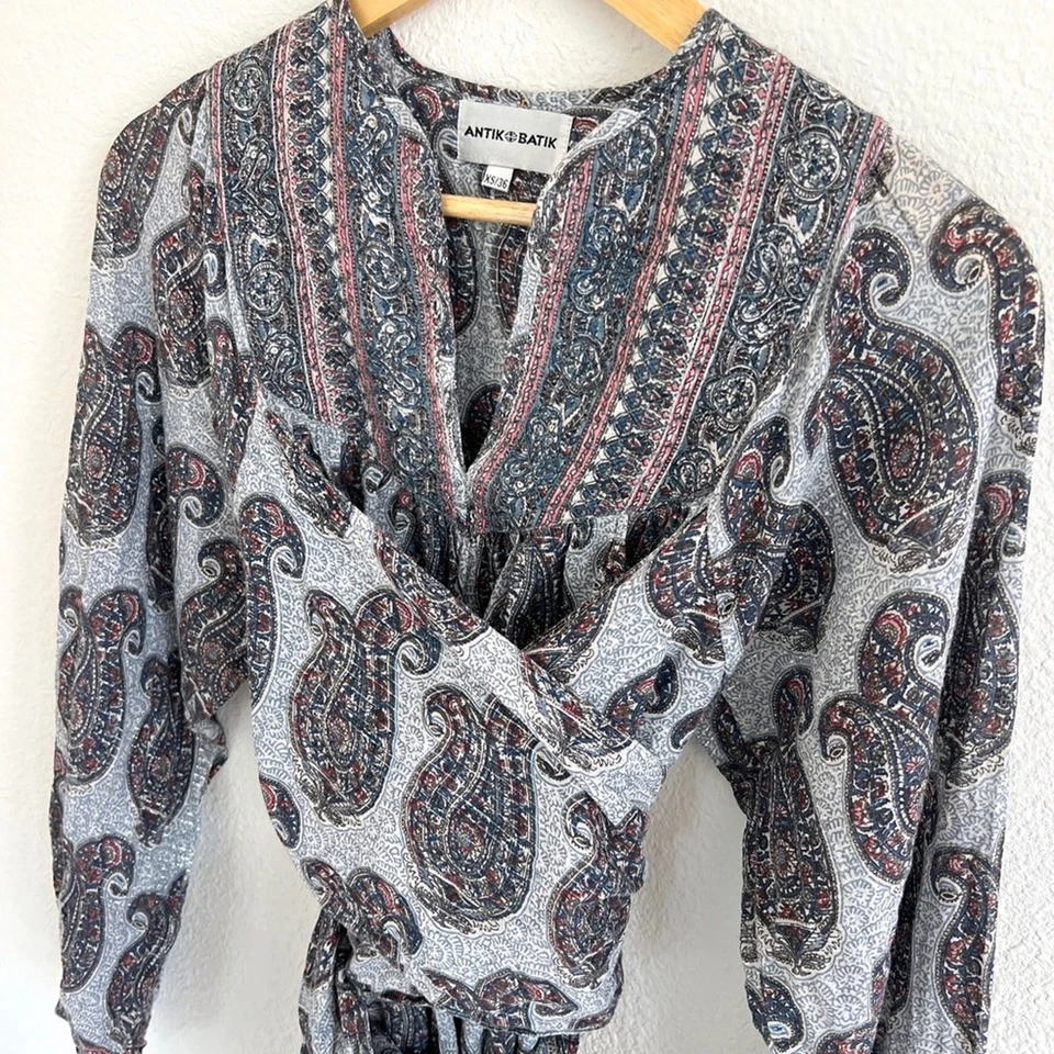 ANIK BATIK Elia metallic paisley print wrap dress / size XS-S - Image 4 of 4