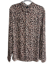 H M Leopard Print Viscose Button-Front Collared Blouse Long Sleeve Women L