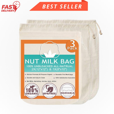 Organic Nut Milk Bag Set - 3 Pack Fine Mesh Strainers for Juicing & Sprouting