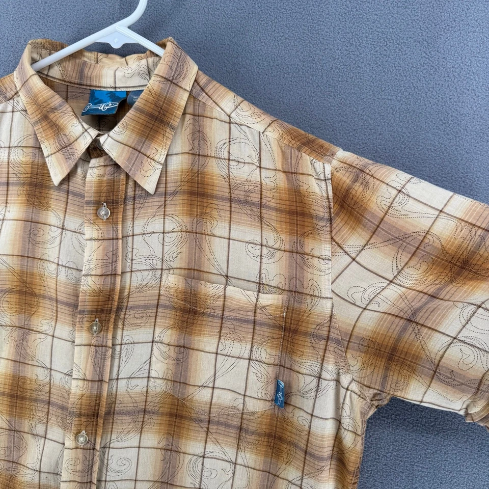 Vintage Y2K Gotcha Plaid Button Down Short Sleeve Shirt Mens L Tan Brown Plaid - Image 4 of 4