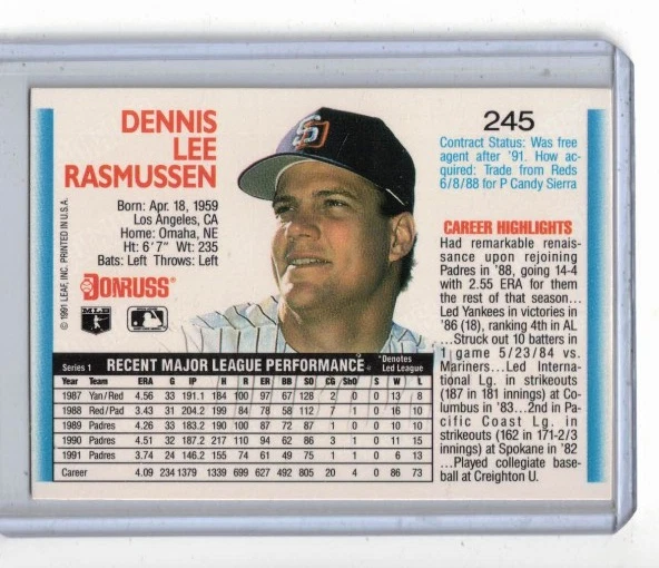 1992 Donruss #245 Dennis Rasmussen - Padres - Image 2 of 2