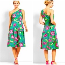 RSVP by Talbots Womens Green Floral One Shoulder Dress With Bow Size 8 Feminine