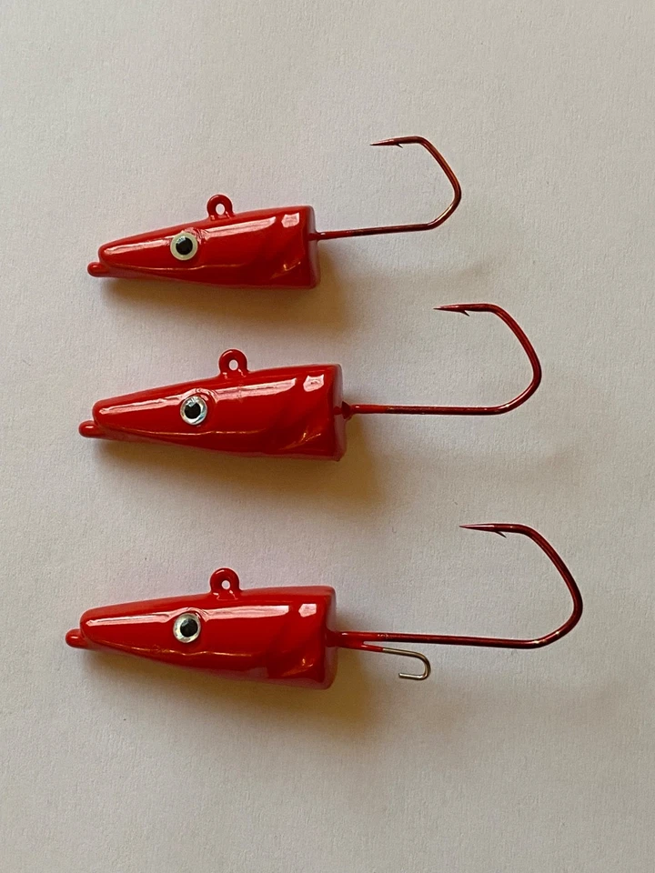 Eel-Head Jigköpfe 40-60g Rot mit 3D Augen VMC 5150 Haken Größe 4/0 - 6/0