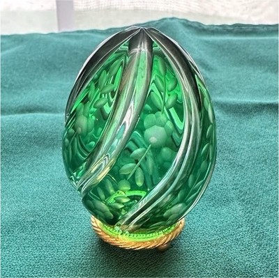 The House of Faberge  Primrose Swirl Emerald Green Cut to Clear Crystal Egg  