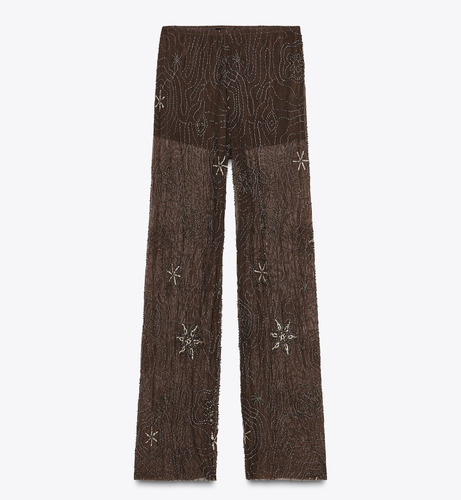 ZARA SS25 NEW WOMAN MID-WAIST SEMI-SHEER BEADED SEQUIN PANTS CHOCOLATE 4813/340 - Picture 7 of 9