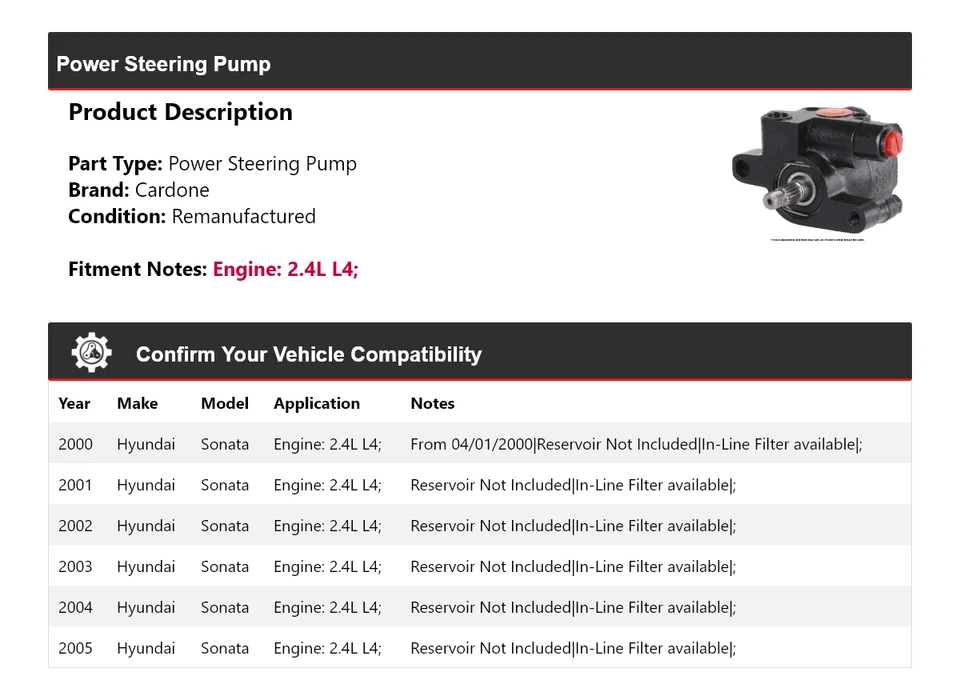 Bomba de direção hidráulica Cardone 2001 2002 2003 para 2000-2005 Hyundai Sonata 2.4L L4 - Imagem 2 de 4