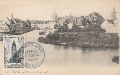 CARTE MAXIMUM 1ER JOUR-BEFFROI DE DOUAI-ENTRÉES DES EAUX - 11/02/1956-DOUAI