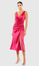 MAC DUGGAL 26625 SATIN RUCHED V-NECK FAUX WRAP LIPSTICK MIDI DRESS  sz 10