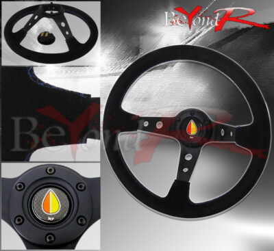 350mm Deep Dish Suede Leather Blue Stiches Steering Wheel Fukushi Mark Horn Jdm